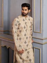 Ethnic Motifs Printed Mandarin Collar Jute Silk Straight Kurta
