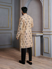 Ethnic Motifs Printed Mandarin Collar Jute Silk Straight Kurta