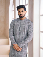 Ethnic Motifs Printed Mandarin Collar Cotton Jacquard Straight Kurta