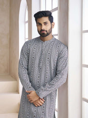 Ethnic Motifs Printed Mandarin Collar Cotton Jacquard Straight Kurta