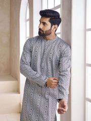Ethnic Motifs Printed Mandarin Collar Cotton Jacquard Straight Kurta