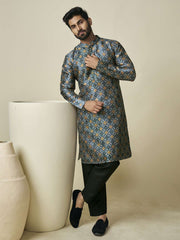 Geometric Printed Sequinned Mandarin Collar Straight Kurta