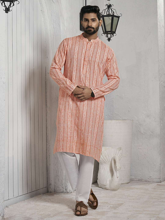 Striped Mandarin Collar Cotton Jacquard Straight Kurta