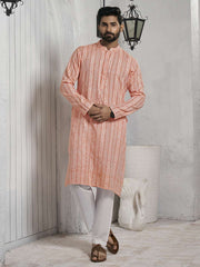 Striped Mandarin Collar Cotton Jacquard Straight Kurta