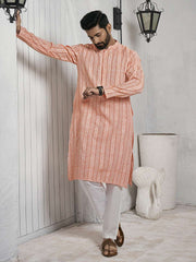 Striped Mandarin Collar Cotton Jacquard Straight Kurta