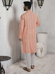 Striped Mandarin Collar Cotton Jacquard Straight Kurta