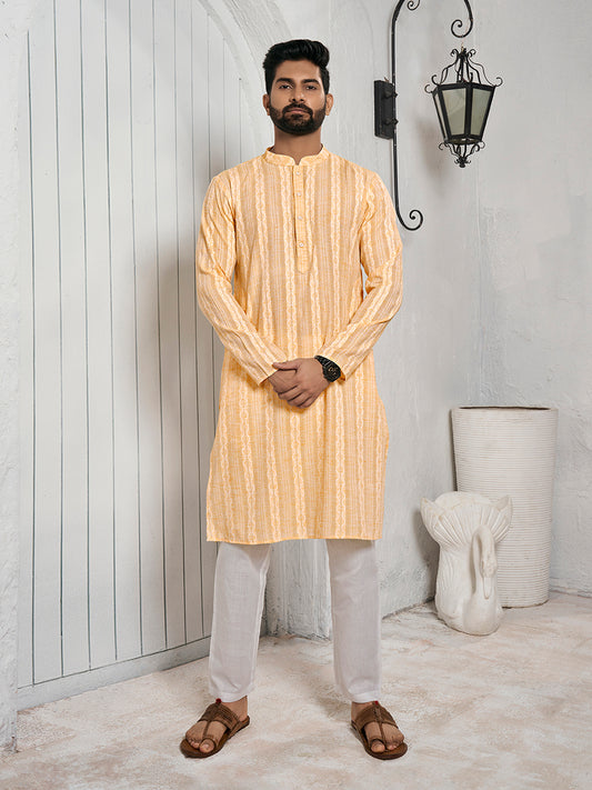 Striped Mandarin Collar Cotton Jacquard Straight Kurta