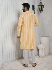 Striped Mandarin Collar Cotton Jacquard Straight Kurta