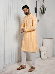 Striped Mandarin Collar Cotton Jacquard Straight Kurta
