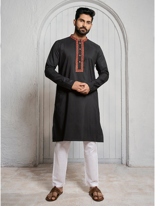 Floral Yoke Design Mandarin Collar Straight Kurta
