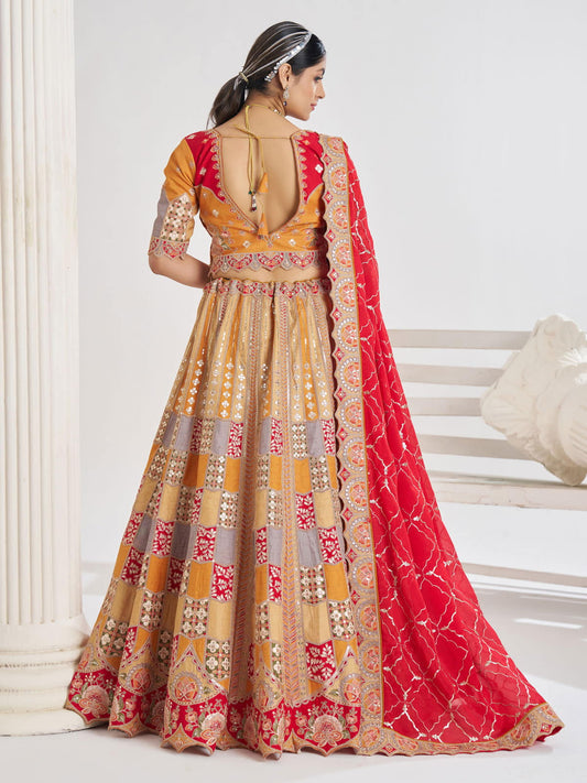 Mustard color Position print Jaal Patterned party wear lehengas with Sequin & Aari Work