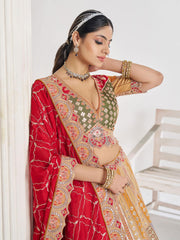 Mustard color Position print Jaal Patterned party wear lehengas with Sequin & Aari Work