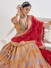 Mustard color Position print Jaal Patterned party wear lehengas with Sequin & Aari Work