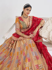 Mustard color Position print Jaal Patterned party wear lehengas with Sequin & Aari Work
