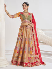 Mustard color Position print Jaal Patterned party wear lehengas with Sequin & Aari Work
