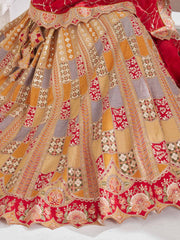 Mustard color Position print Jaal Patterned party wear lehengas with Sequin & Aari Work