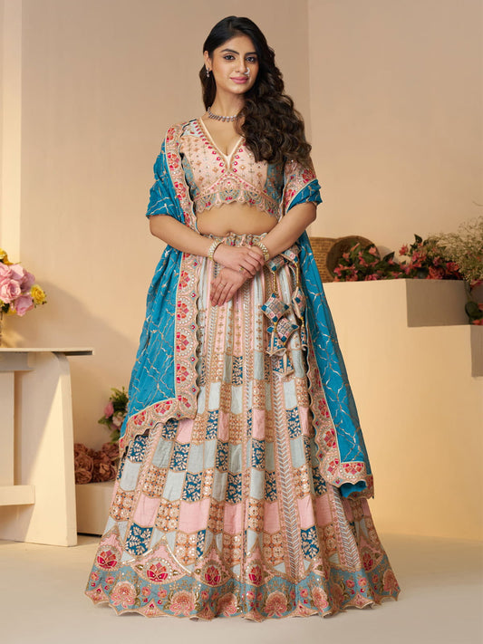 Powder blue Position print Jaal Patterned party wear lehengas with Sequin & Aari Work