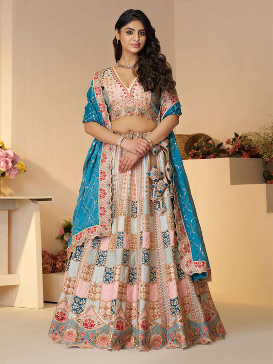 Powder blue Position print Jaal Patterned party wear lehengas with Sequin & Aari Work