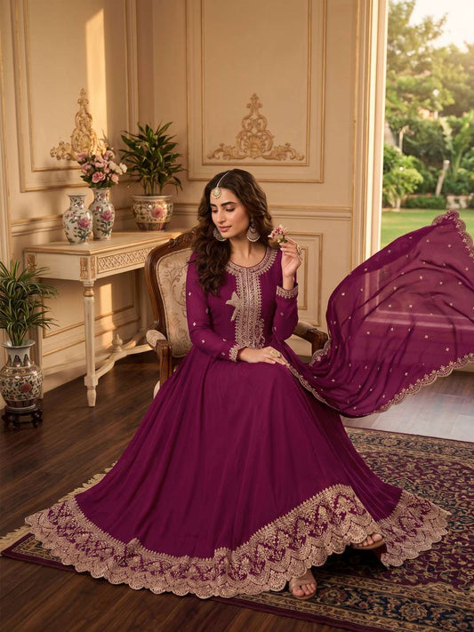 Purple Premium Silk Embroidered Anarkali Style Dress