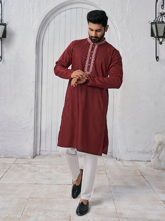 Ethnic Motifs Yoke Design Mandarin Collar Straight Kurta