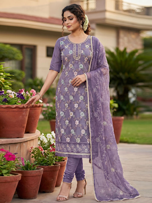 Violet Organza Hand Work Stright Kurta Set
