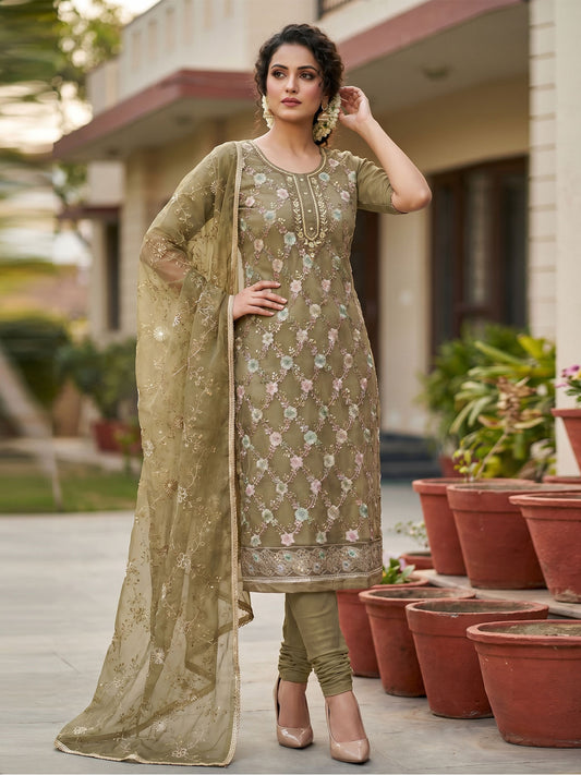 Gold Organza Hand Work Stright Kurta Set
