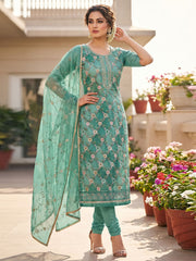 Green Organza Hand Work Stright Kurta Set