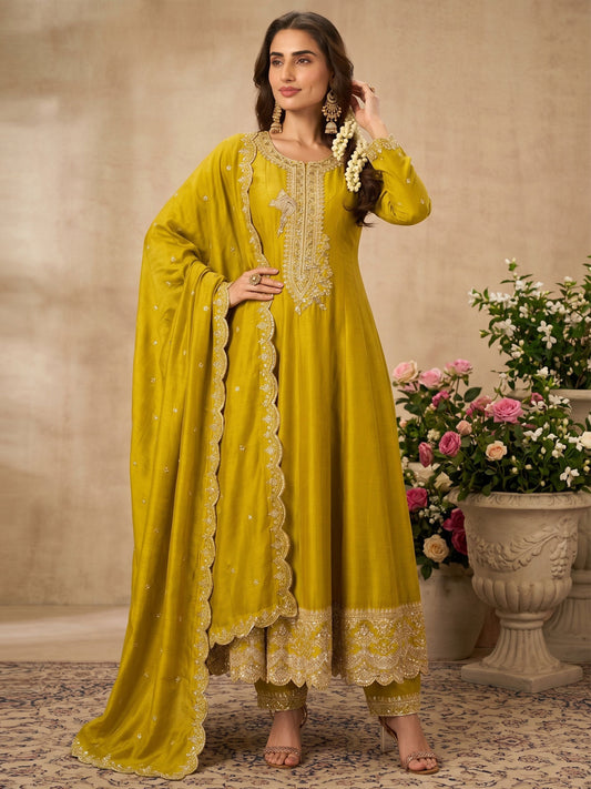 Yellow Premium Silk Embroidered Anarkali Style Dress