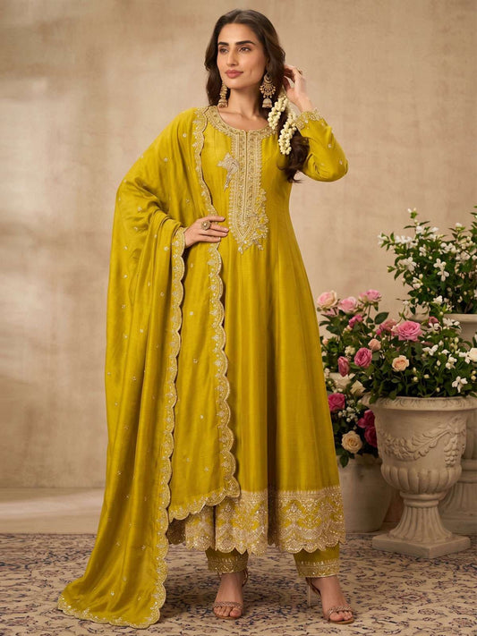 Yellow Premium Silk Embroidered Anarkali Style Dress