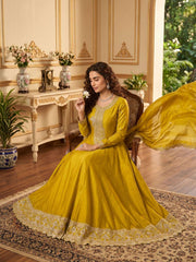 Yellow Premium Silk Embroidered Anarkali Style Dress