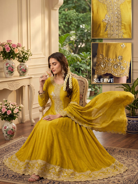 Yellow Premium Silk Embroidered Anarkali Style Dress