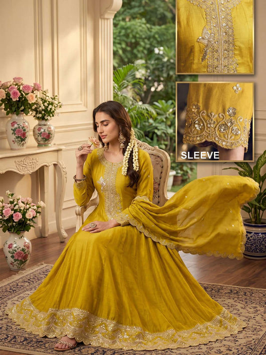 Yellow Premium Silk Embroidered Anarkali Style Dress
