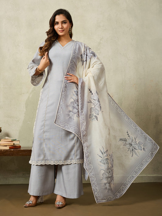 Women Floral Regular Thread Work Kurta with Palazzos & With Dupatta