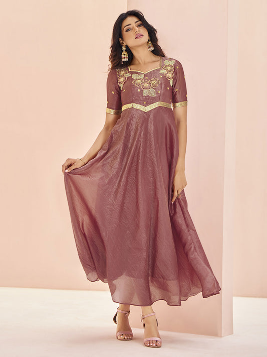 Mauve Organza Hand Work A Line Dress