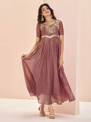 Mauve Organza Hand Work A Line Dress