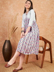 Floral Printed Flared Midi-Length Cotton Ethnic Dress
