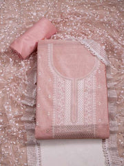 Peach-Coloured Floral Embroidered Sequinned Unstitched Dress Material