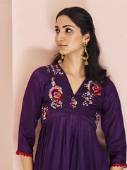 Magnetic Wine Embroidered Chinon Traditional Pant Suit