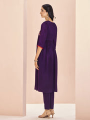 Magnetic Wine Embroidered Chinon Traditional Pant Suit