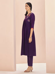 Magnetic Wine Embroidered Chinon Traditional Pant Suit