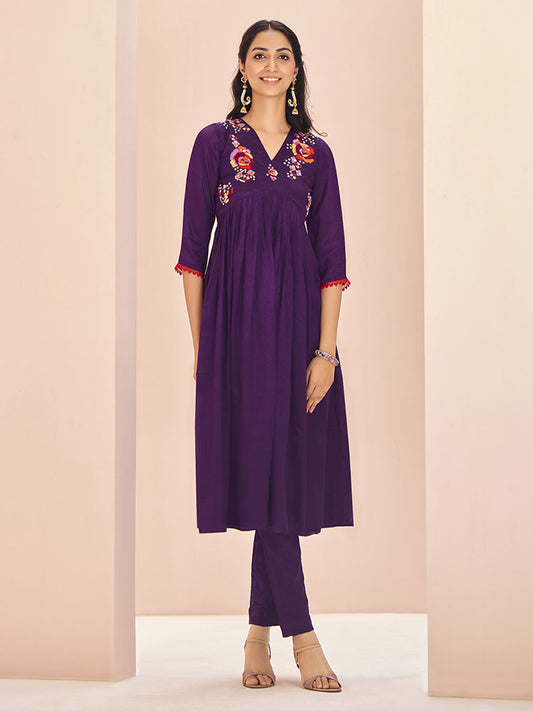 Magnetic Wine Embroidered Chinon Traditional Pant Suit