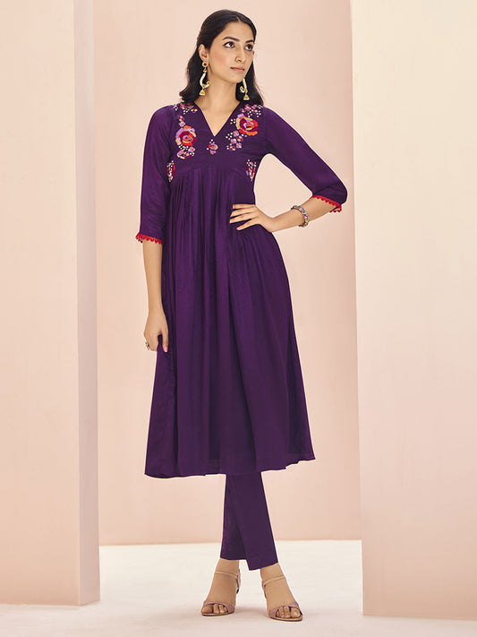 Magnetic Wine Embroidered Chinon Traditional Pant Suit