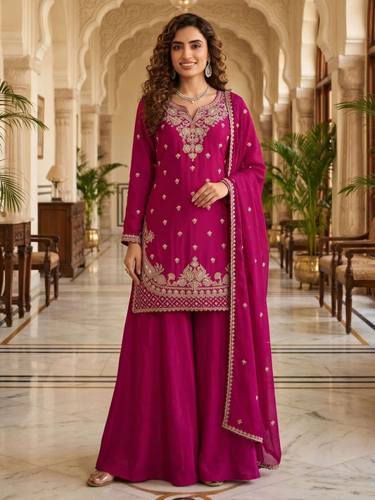 Magenta Pink Beads Embroidered Palaazo Dress
