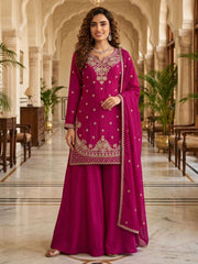Magenta Pink Beads Embroidered Palaazo Dress