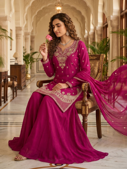 Magenta Pink Beads Embroidered Palaazo Dress