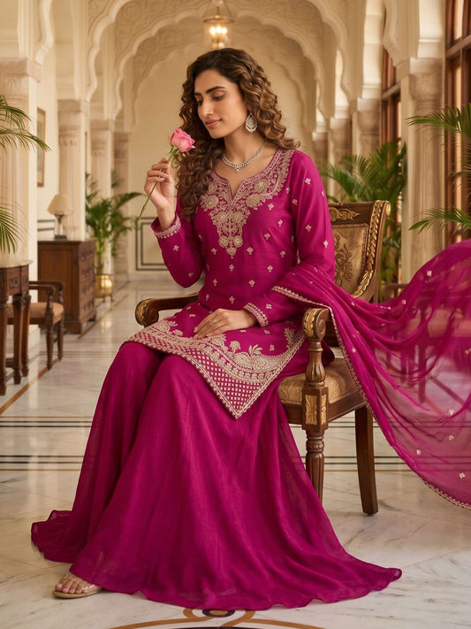 Magenta Pink Beads Embroidered Palaazo Dress