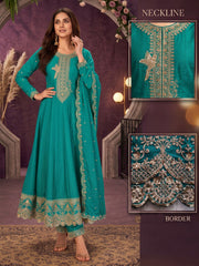 Firozi Premium Silk Partywear Anarkali Kurta Set