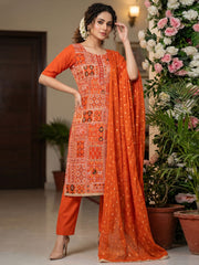 Orange Viscos Banarasi Kurta Set