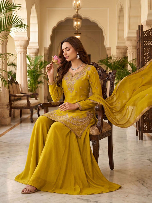 Lemon Yellow Beads Embroidered Palaazo Dress