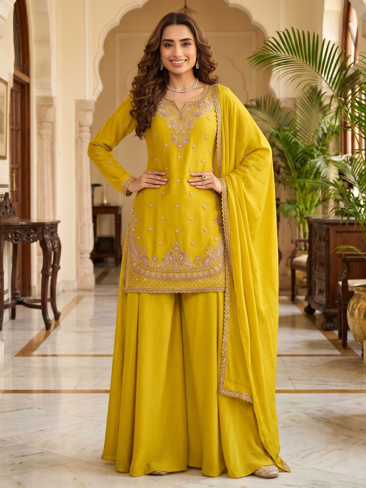 Lemon Yellow Beads Embroidered Palaazo Dress